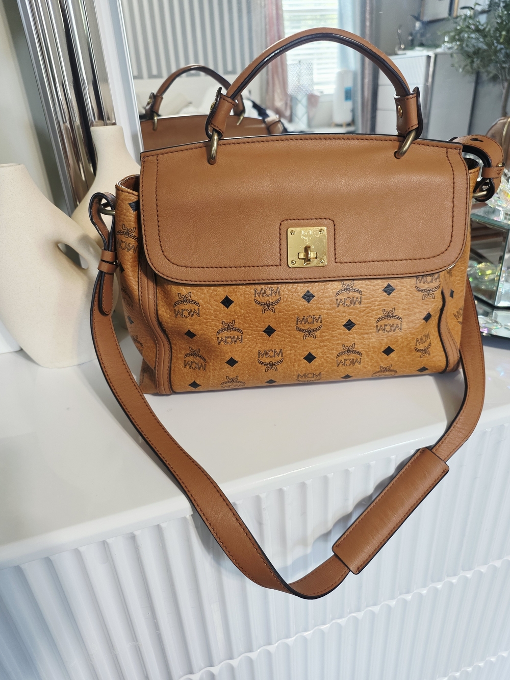 MCM Visetos Cognac Logo Satchel - Tan Brown Ladies Handbag